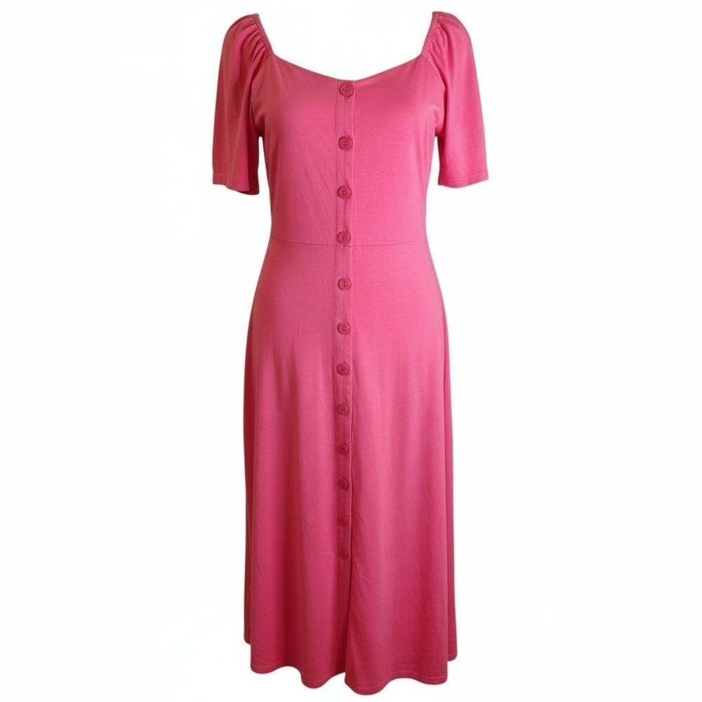 Pink Martini Maureen Dress Women M Pink NEW Button Front Short Sleeve Midi